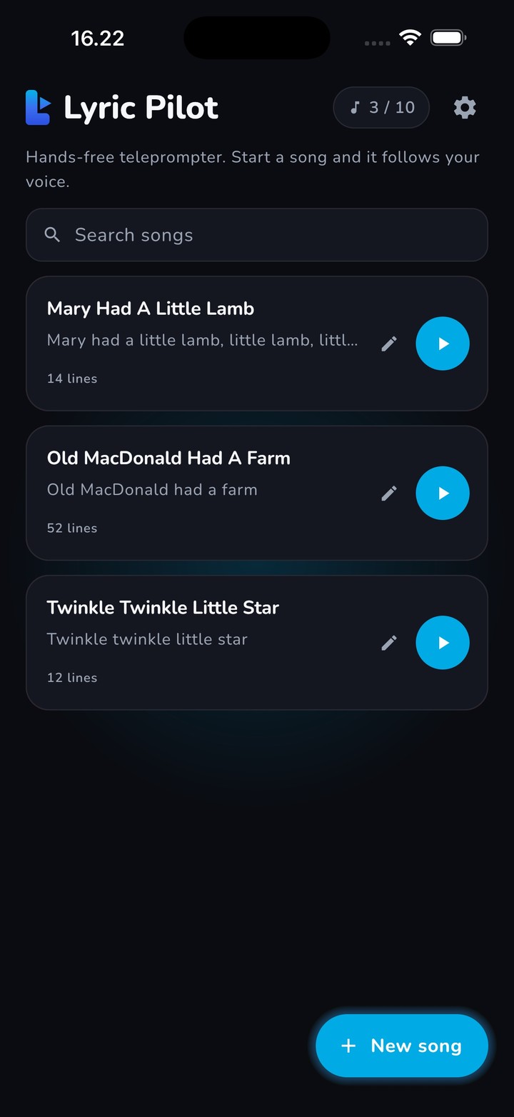 Song library screen listing saved songs