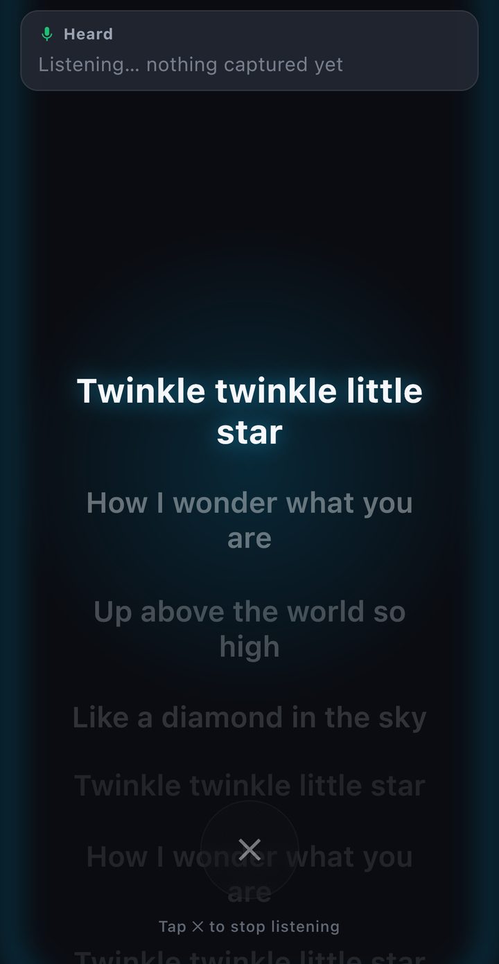 Prompter following a song: the current lyric line glows while the app listens