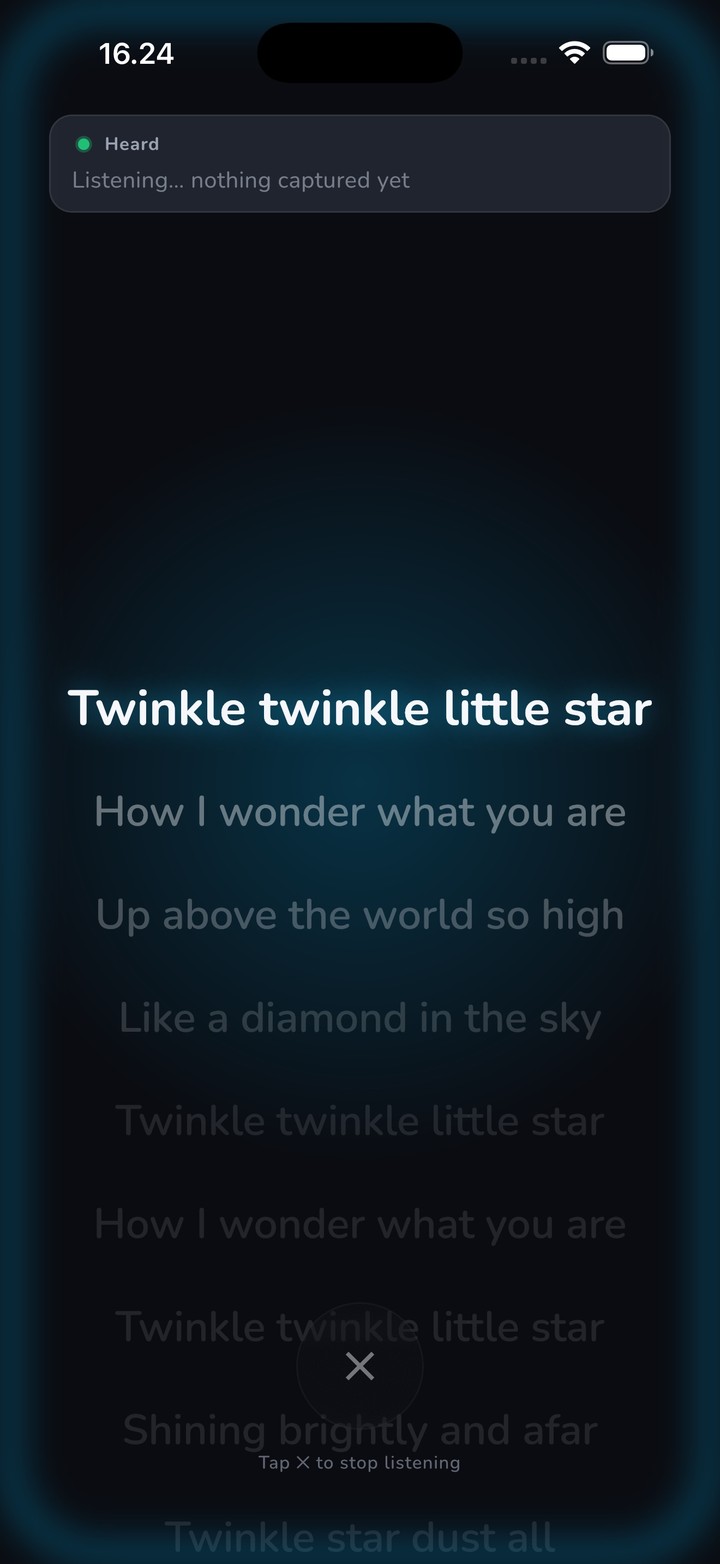 Prompter following a song: the current lyric line glows while the app listens